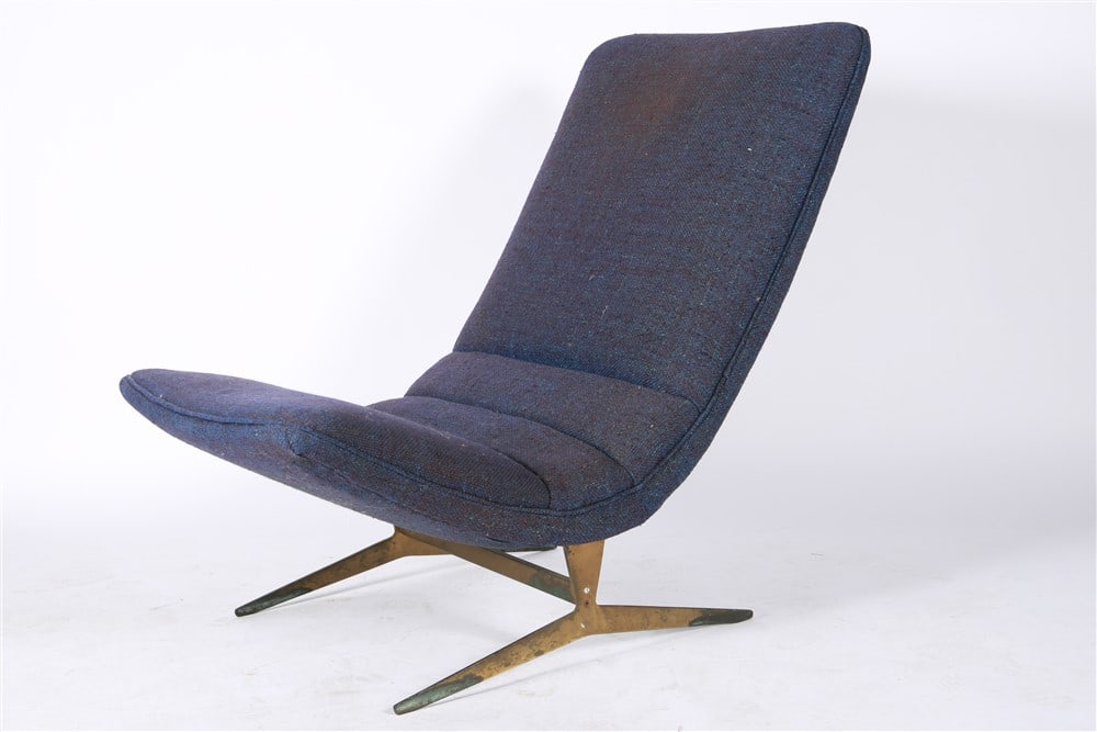Attrib. Selig, Mid-Century "Scoop" Lounge Chair: Attributed to Selig Furniture Company (Danish). "Scoop" lounge chair. Steel, fabric. Height: 35 1/2", Length: 25", Depth: 38". Lounge chair in blue upholstered fabric with steel base.