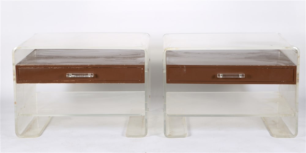 Pair of Painted Wood and Acrylic Nightstands: Painted wood, acrylic, metal. Height: 25 1/4", Length: 35 3/4", Depth: 26". Pair of acrylic nightstands with painted wood shelf/drawer. Drawer with acrylic handle. Unlabeled. Similar in style to