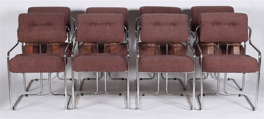 i4 Mariani/Pace Collection, Eight "Tucroma" Chairs: Guido Faleschini (Italian/Swiss, 1924-1971). Set of "Tucroma" chairs. Chrome, fabric, leather. Designed for i4 Mariani for the Pace Collection. Height: 33", Length: 21 3/8", Depth: 19". Collection of 