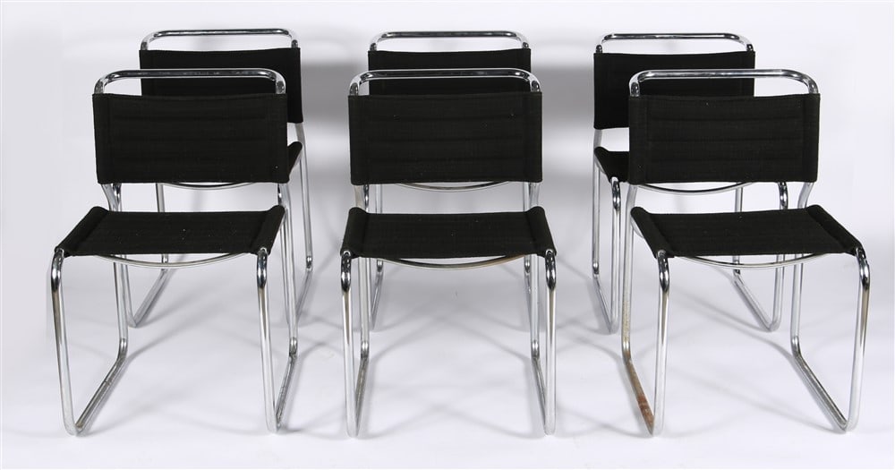 Zographos, Six CH66 Cantilever Chairs: Nicos Zographos (Greek/American, 1928-2024). "Zographos Chairs". Cloth, chromed metal. Model: CH66. Height: 30 3/4", Length: 19", Depth: 20", Seat Height: 18 1/4". Set of six cloth cantilever "Zograph