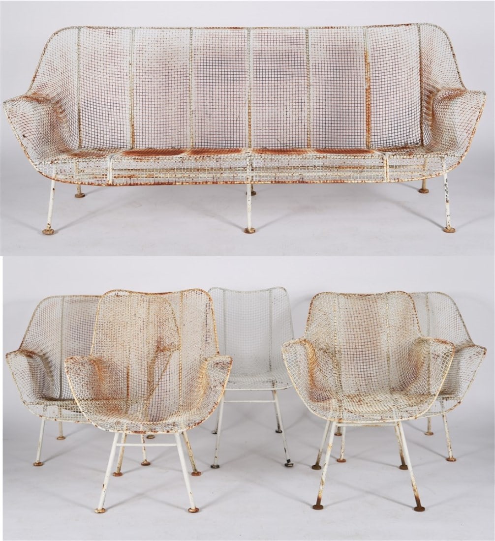 Russell Woodard, "Sculptura" Asst. Patio Furniture: Russell Woodard (American, 20th century). "Sculptura" patio furniture. Enameled iron. Woodard Furniture Company. Sofa: Height: 27 1/2", Length: 71 1/2", Depth: 22". Armchair: Height: 30", Length: 32",