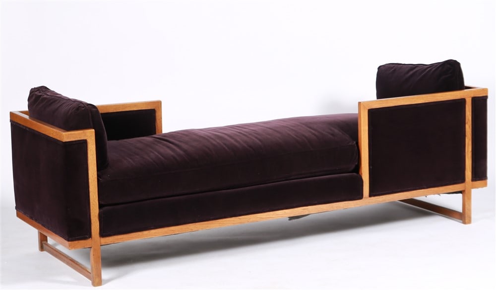 Style of Dunbar, Tete-a-Tete Velvet Daybed: Wood, velvet. Height: 24 1/2", Length: 80", Depth: 26 3/4". Solid wood outer frame with purple velvet upholstery. In the style of Edward Wormley for Dunbar. Includes two matching pillows.