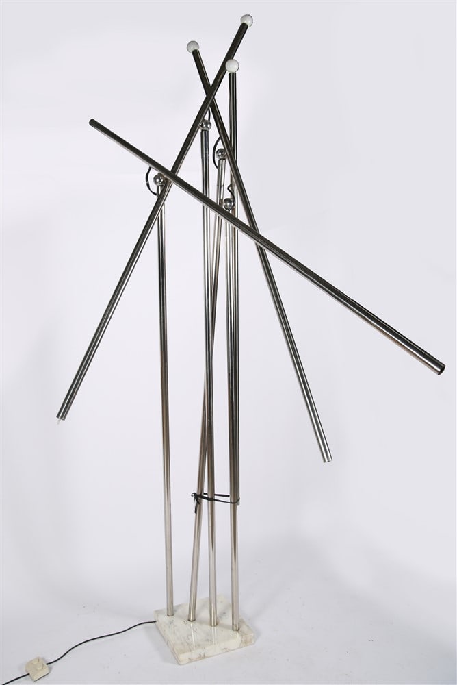 Style of Sciolari, Chrome Floor Lamp: Chrome, marble. Height: 104", Base: 13" square. Modular floor lamp with four arms and a marble base in the style of Gaetano Sciolari. Lamp has not been tested for functionality and we would recommend 