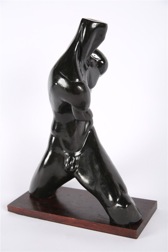 Mary Erchenbrect, Striding Male Nude Torso: Mary Erchenbrect. Terracotta, paint, wood. Height: 17 1/2", Length: 13", Depth: 5 1/2" Painted terracotta sculpture of a male form on a wood base. Signed at underside of sculpture and labeled Mary Erc