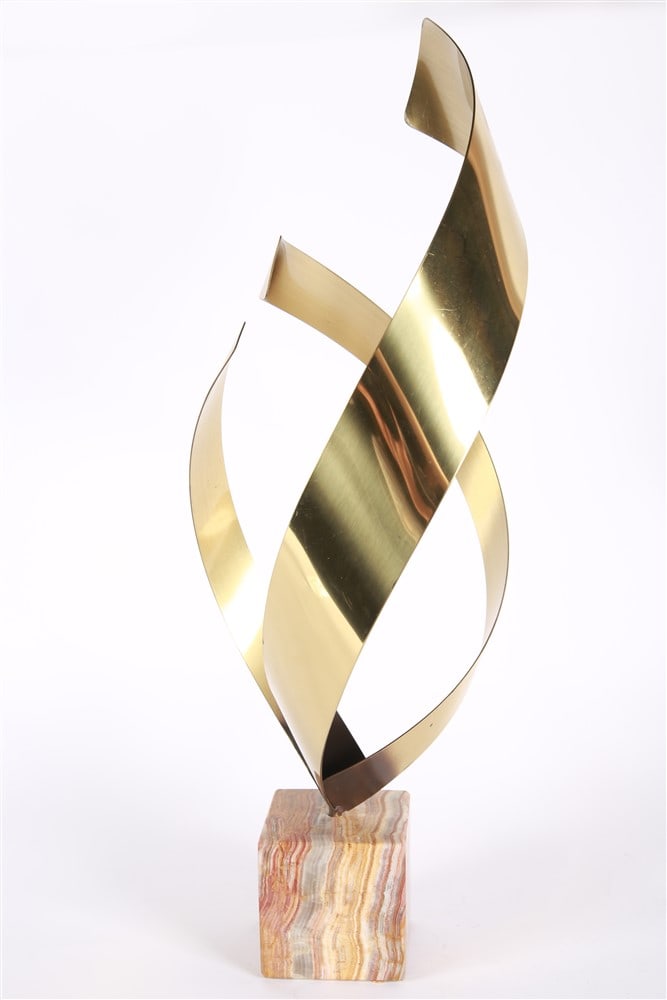 C. Jere, Brass Ribbon Table Sculpture: Curtis Jere (Curtis Freiler and Jerry Fels) (American, 20th century). Brass, marble, 1980. Height: 26", Length: 10", Depth: 10". Abstract ribbon table sculpture on a marble base by C. Jere. Signed "C.