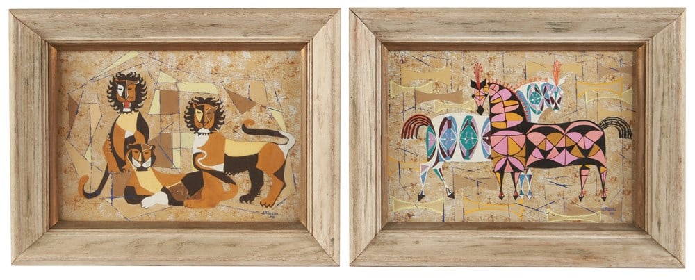 Two Framed Mid-Century Gouache Paintings: Signed "J. Russu". Gouache on board, 1956. Frames: 13 3/4" x 17 3/4". Sight: 9 1/4" x 13 1/4". Two gouache on board paintings displayed in matching blond wood frames. One painting depicts three lions,