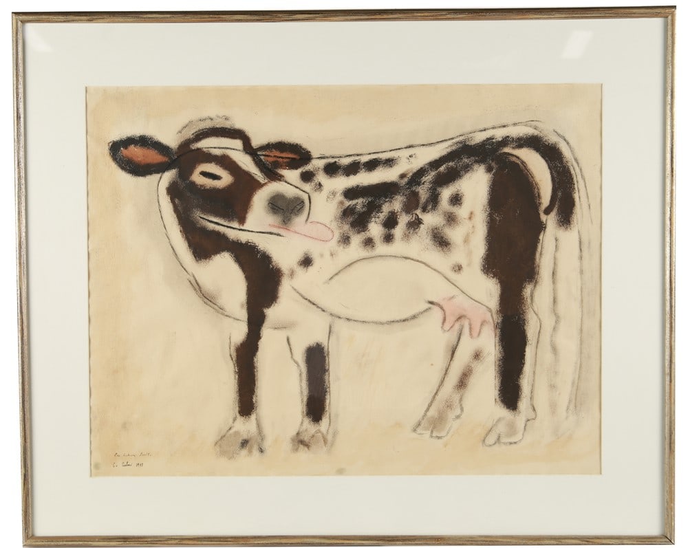 Charles Culver (American), "Cow Licking Itself": Charles Culver (American, 1908-1967). "Cow Licking Itself". Watercolor, pastel, 1948. Frame: 26 1/2" x 32 1/2". Sight: 19" x 25". Watercolor and pastel drawing of a cow licking itself. Signed, titled,