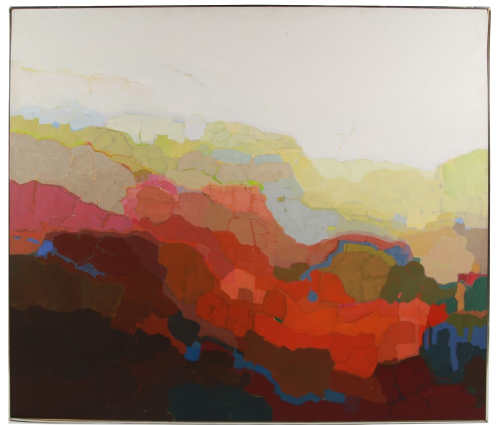 Beth Yasenchak, "Raga" Acrylic on Canvas: Beth Yasenchak (American, 20th century). "Raga". Acrylic on canvas. Frame: 50 1/2" x 58 3/8". Sight: 49 3/4" x 57 7/8'. Framed acrylic on canvas titled "Raga" by artist Beth Yasenchak. Signed at lower