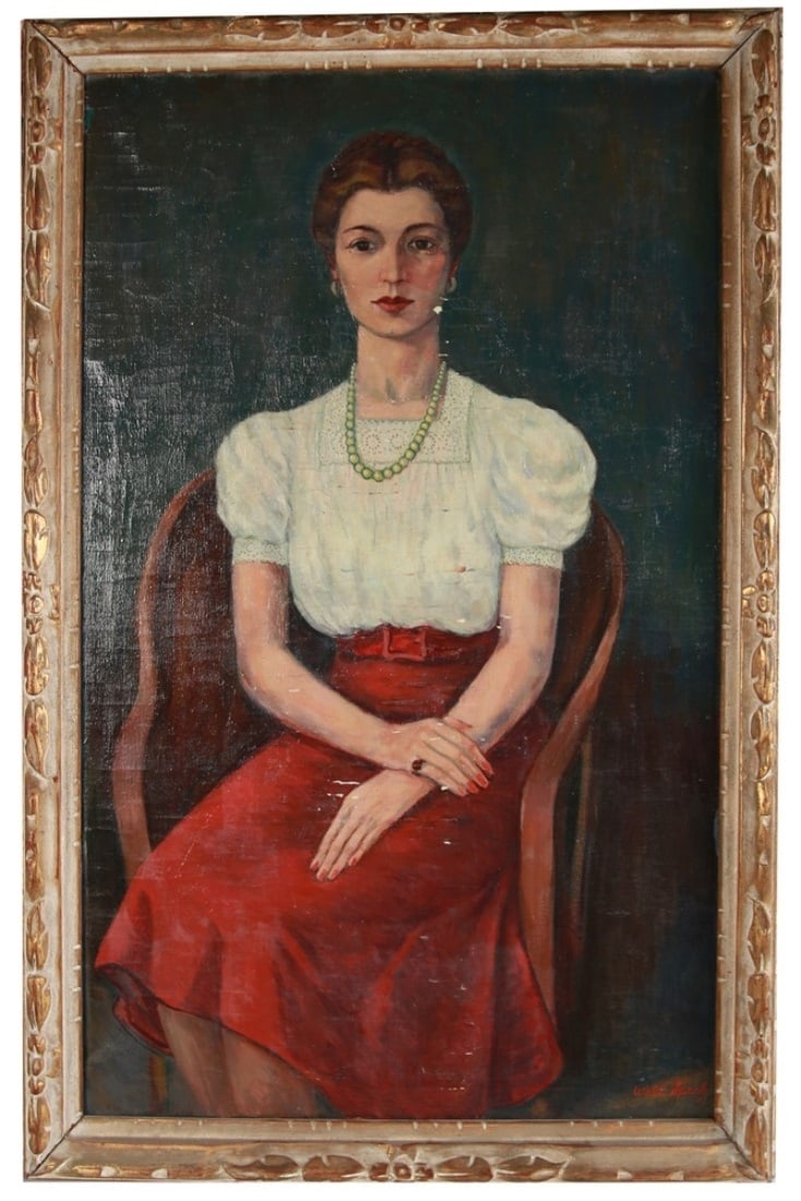 Walter Speck, Oil on Canvas Portrait of a Lady: Walter Edward Speck (American, 1896-1979). Oil on canvas, 1947. Frame: 44 3/4" x 29 1/2". Sight: 39 1/2" x 24 1/2". Oil on canvas portrait of a seated lady by Detroit artist Walter Speck. Signed and d