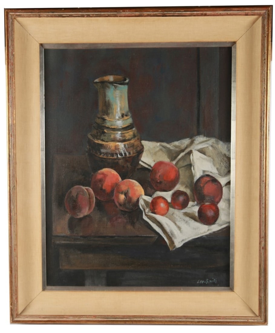 Hughie Lee-Smith, Oil on Canvas Still Life: Hughie Lee-Smith (American, 1915-1999). Untitled (Still Life with Peaches and Nectarines). Oil on canvas. Frame: 33 3/8" x 27 7/8". Sight: 25" x 19 1/2". Oil on canvas still life depicting peaches and