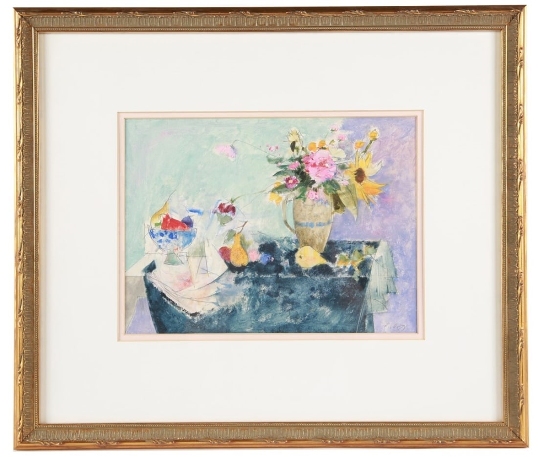 Richard Jerzy, "Still Life with Pears": Richard Jerzy (American, 1943-2001). "Still Life with Pears". Oil on paper, 1983. Frame: 20" x 23 1/4". Sight: 10" x 13". Oil on paper depiction of a table with a vse of flowers next to a bowl of