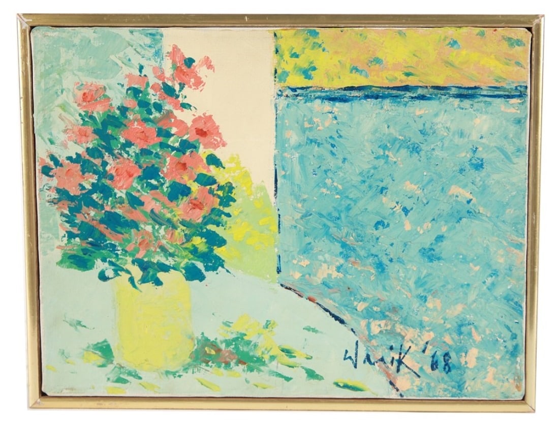 Warik Wheatley, "By An Open Door" Oil on Canvas: Warik Wheatley (Australian, 1928-1996). "By An Open Door". Oil on canvas, 1968. Frame: 10" x 12 3/4". Sight: 9 1/4" x 12 1/8". Oil on canvas titled "By An Open Door" by artist Warik Wheatley. Signed a