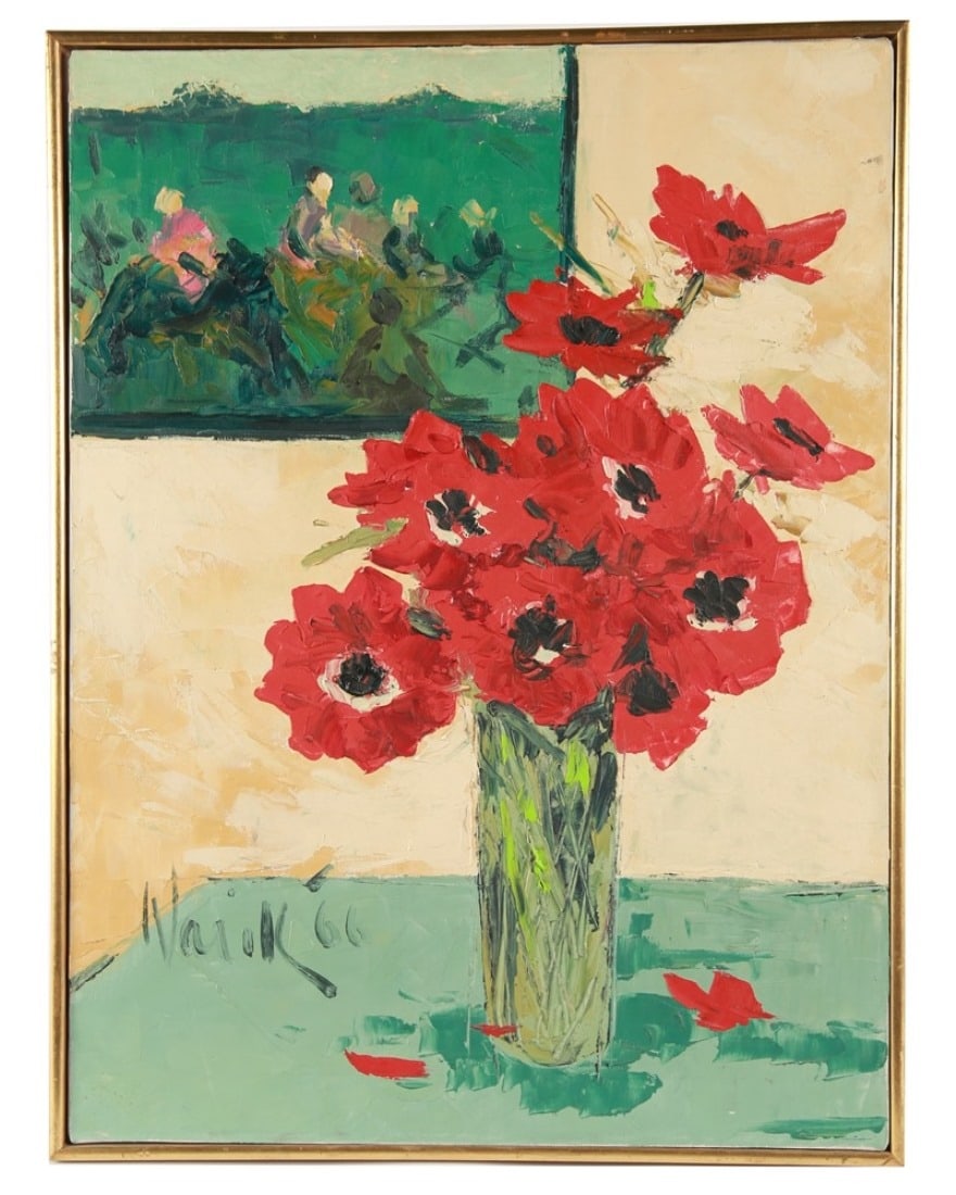 Warik Wheatley, "Anemones" Oil on Canvas: Warik Wheatley (Australian, 1928-1996). "Anemones". Oil on canvas, 1966. Frame: 25" x 19". Sight: 24 1/4" x 18 1/8". Oil on canvas titled "Anemones" by artist Warik Wheatley. Signed and dated at lower
