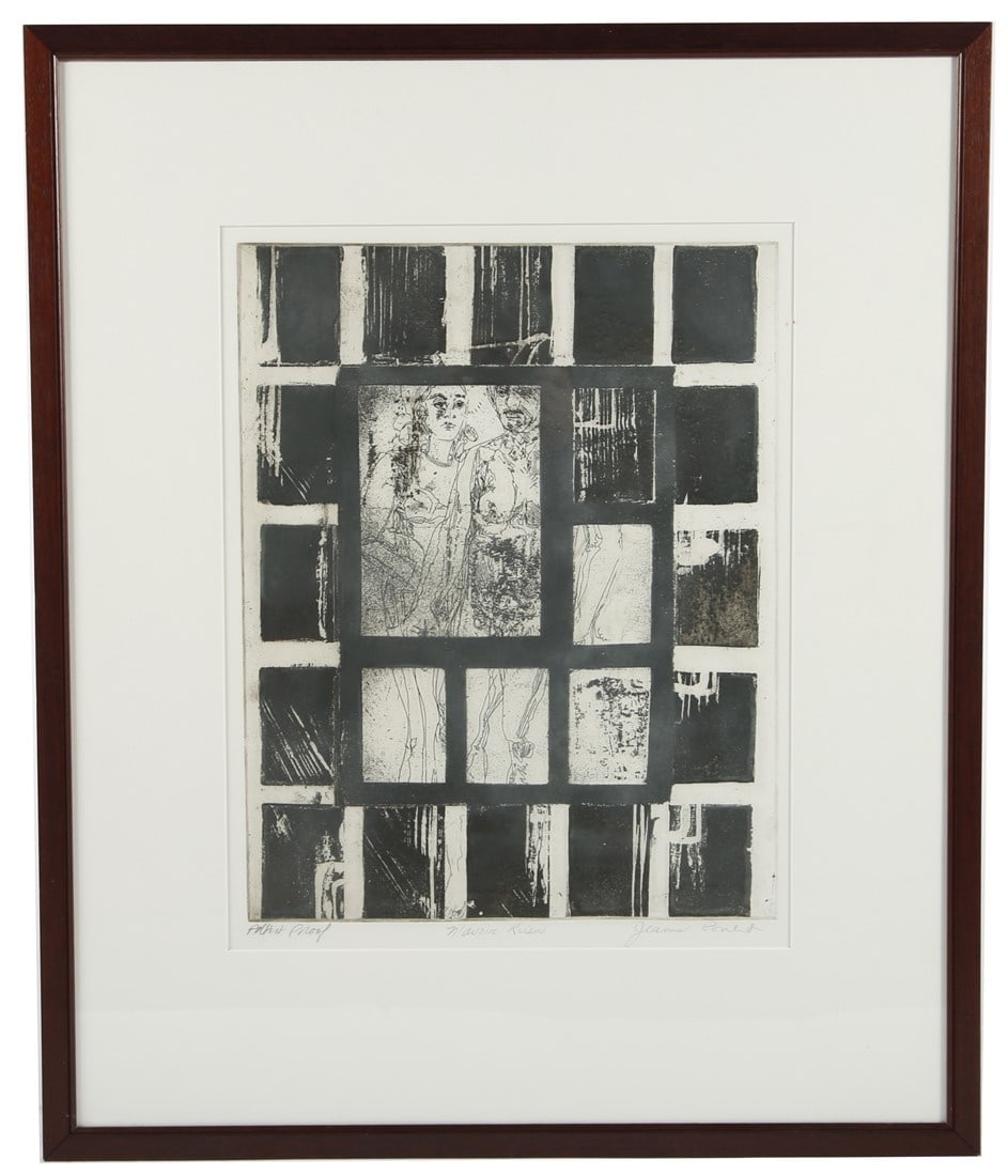 Jeanne Poulet, "N'Avoire Rien" Aquatint: Jeanne Poulet (Canadian). "N'Avoire Rien". Aquatint. Edition: Artist Proof. Frame: 33 1/4" x 27 5/8". Sight: 16 5/8" x 21 1/2". Black and white framed aquatint titled "N'Avoire Rien". Signed in pencil