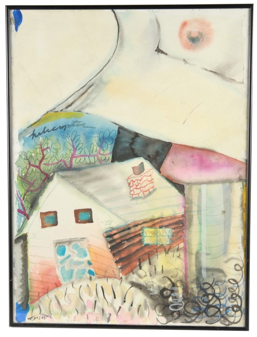 Jerome Ferretti (American), Framed Watercolor: Jerome Ferretti (American, 20th century). "May the Pussy Goddess Fly Over My House Tonight". Watercolor. Frame: 24" x 18". Sight: 23 1/2" x 17 1/2". Framed watercolor by Detroit artist Jerome Ferretti