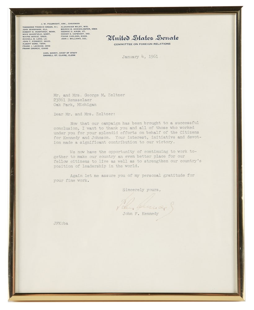 John F. Kennedy Signed Campaign Letter: Frame: 10 1/4" x 8 1/4". Signed letter from January 4, 1961 wherein John F. Kennedy thanks Mr. and Mrs. George M. Zeltzer on their contributions and efforts on his political campaign. Signed.