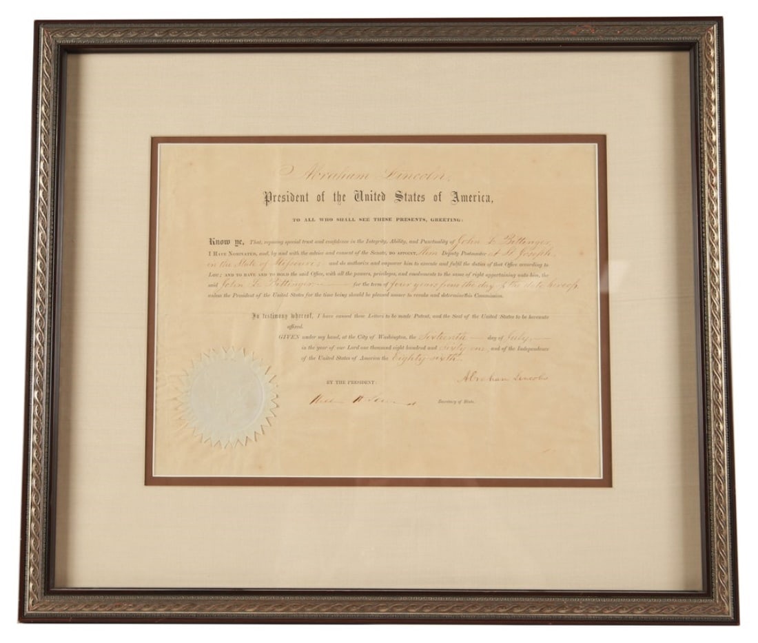 Abraham Lincoln Signed Commission, 1861: Paper document. Frame: 22 1/4 x 19 1/2". Sight: 11 1/4" x 14 1/4". Federal appointment commission appointing John L. Bittinger as Deputy Postmaster in St. Joseph, Missouri. Signed by Abraham Lincoln,