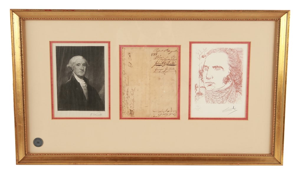 George Washington Signed Document: Frame: 15 3/4" x 27 1/4". Washington note: 7 1/4" x 5 1/8". Krevell portrait: 7 1/2" x 5 1/2". Dali portrait: 7 1/2" x 5 1/2". Collection of ephemera. To the center, a document signed by George