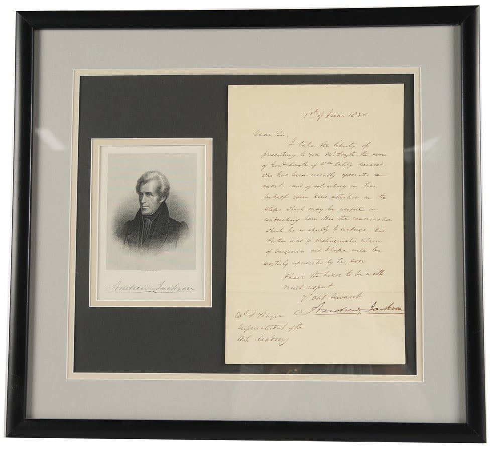 Andrew Jackson Signed Letter of Recommendation: Andrew Jackson (American, 1767-1845). Henry Bryan Hall (English, 1808-1884). Letter, etching. Frame: 19" x 20 3/4". Sight: 12" x 13 1/2". Framed letter dated Jane 1, 1830. The letter is addressed to