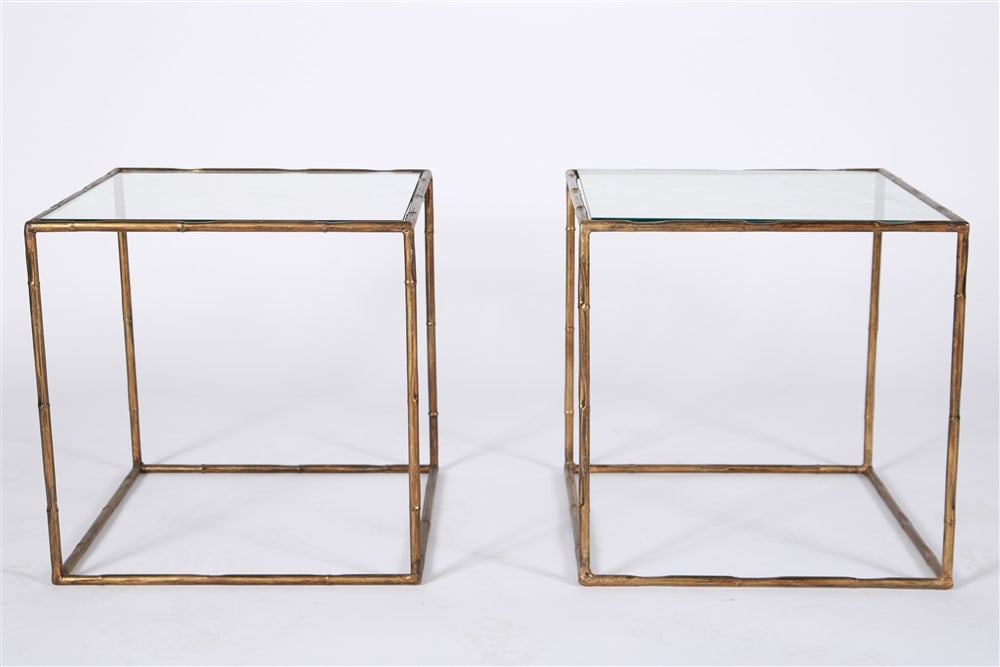 Pair of Gilt Painted Metal Bamboo Glass Tables: Gilt painted metal, glass. Height: 17 3/4", Length: 17 1/2", Depth: 17 1/2". Pair of gilt painted metal bamboo-style square glass tables. Glass panel is removable.