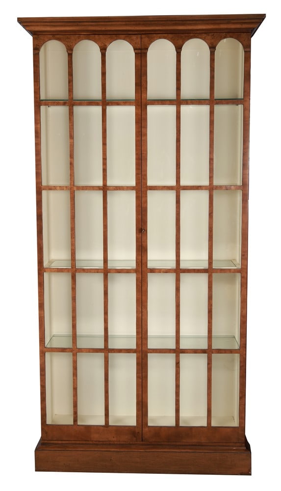 Baker, Two Door Bubble Glass China Cabinet: Baker Furniture. Wood, glass. Height: 90", Length: 42 1/4", Depth: 13 1/4". Wood china cabinet with two bubble glass doors and four glass shelves. Functioning key at front. Has lights at inside.