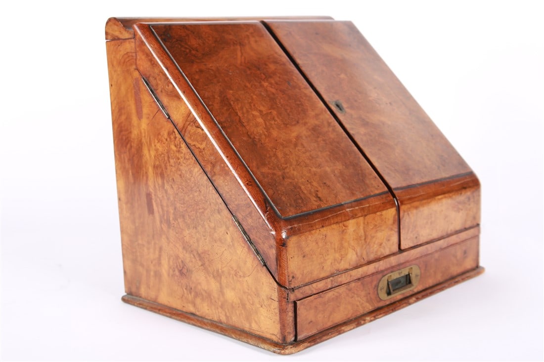 Burl Wood Traveling Correspondence Box: Burl wood, metal, leather. Height: 14", Length: 15 3/4", Depth: 11 1/4". Burl wood document or traveling correspondence box that opens to reveal wood file holders. The bottom drawer opens to reveal a