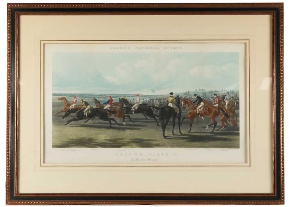 After John F. Herring, "A False Start" Engraving: John Frederick Herring, Sr. (English, 1795-1865). John Harris and William Summers (Engravers). "A False Start". Hand-painted engraving. Frame: 27 1/2" x 36 1/2". Sight: 16 1/2" x 26 1/2". Hand-painted