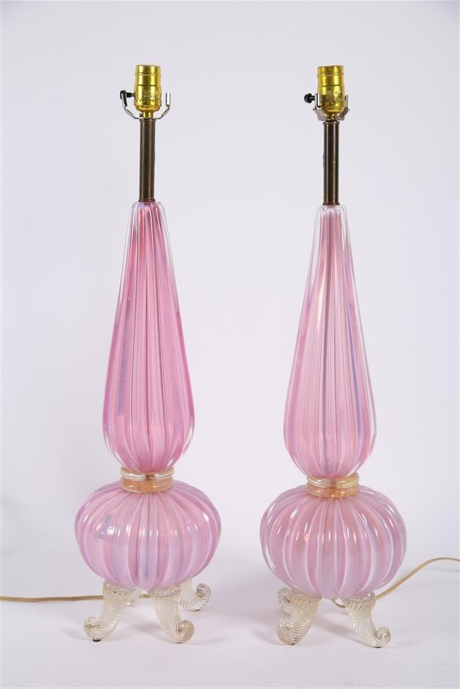 Attrib. Barovier and Toso, Murano Glass Lamp Pair: Attributed to Barovier and Toso (Italian, established 1295). Murano glass, metal. Height: 29 1/4", Diameter: 7". Matching pair of pink and gold speckled Murano glass lamps resting on four scrolling fe