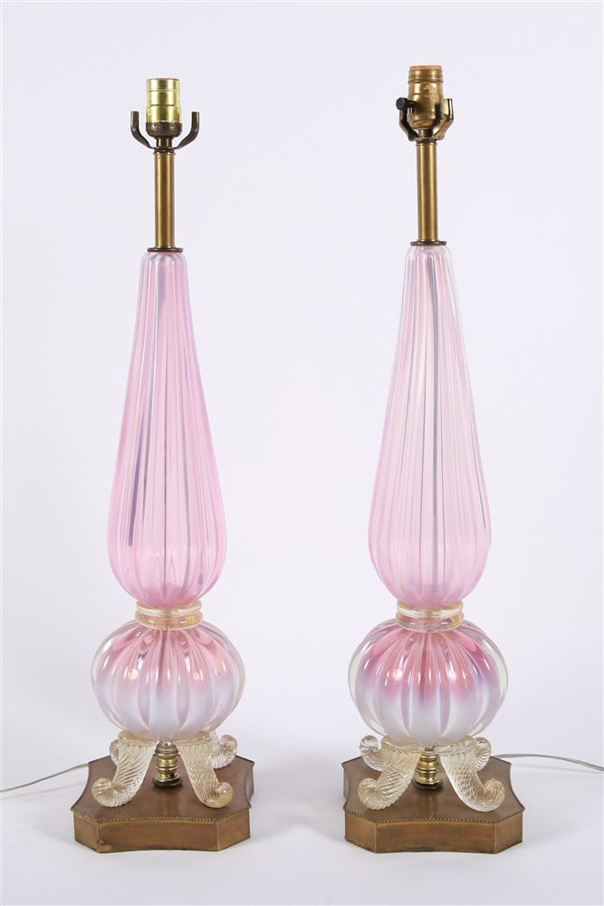 Attrib. Barovier and Toso, Murano Glass Lamp Pair: Attributed to Barovier and Toso (Italian, established 1295). Murano glass, brass. Height: 29", Length (base): 7", Depth (base): 7". Matching pair of pink and gold speckled Murano glass lamps resting o