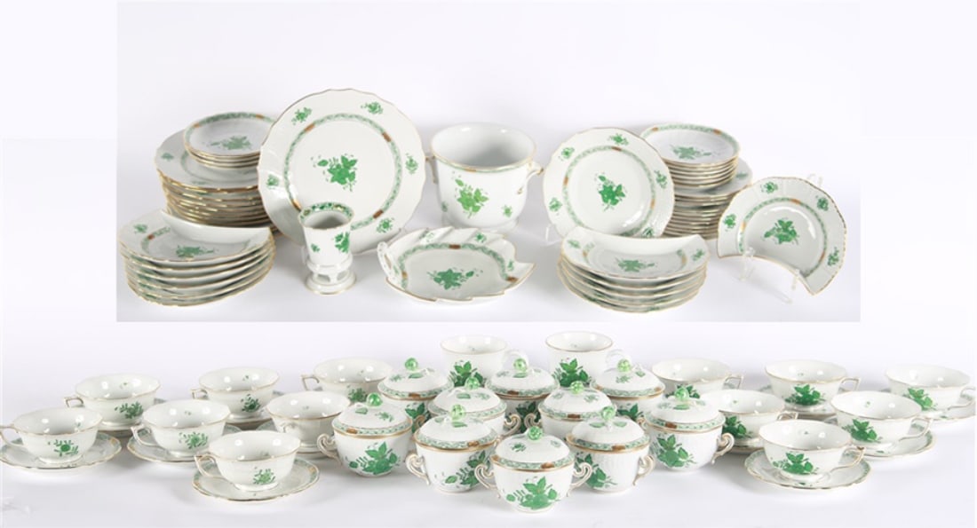 Herend, Chinese Bouquet Green China Set: Herend Porcelain (Hungarian, established 1826). "Chinese Bouquet Green" china. Hand-painted porcelain. 87 piece set comprised of 10 lidded sugar bowls, 1 footed vase, 1 cachepot, 13 teacups with 13 sa