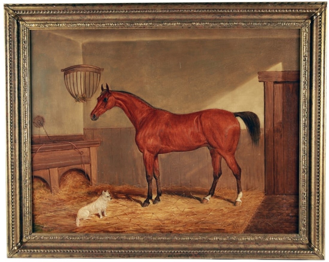 James Loder of Bath, "Bay Hunter in a Loose Box": James Loder (English, 1784-1860). "Bay Hunter in a Loose Box". Oil on canvas, 1844. Frame: 28" x 35". Sight: 22 1/4" x 29 1/4". Portrait of a Bay Hunter horse in a loose box stable with a white terrie