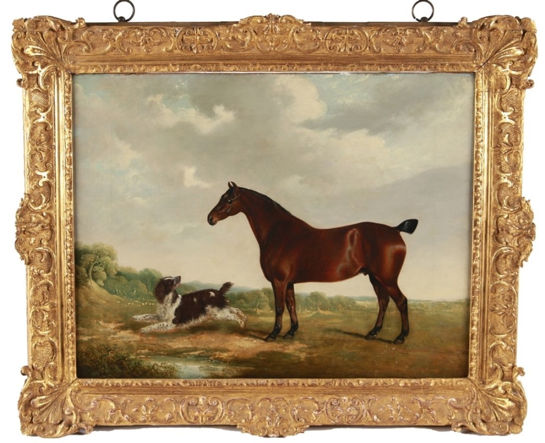 George Jackson, Oil on Canvas Horse with Spaniel: George Jackson (English, 19th century). Oil on canvas, 1881. Frame: 26 1/4" x 31 1/4". Sight: 19" x 24 3/4". Oil on canvas portrait of a dark horse with a cropped tail accompanied by a spaniel.