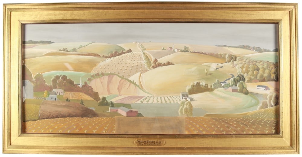 Judson Smith, "Along Old Saginaw Turnpike": Judson DeJonge Smith (American, 1880-1962). "Along Old Saginaw Turnpike". Tempera on paper laid down on board. Frame: 50 1/2" x 25 1/4". Sight: 43 1/2" x 18 1/2". Framed painting by Michigan artist Ju