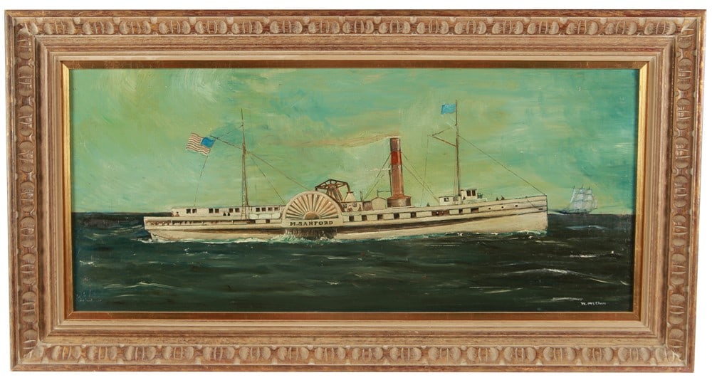 Warren McClure, Oil on Board Steamship: Warren A. McClure (American, 1897-1985). Oil on board. Frame: 20" x 38". Sight: 13 5/8" x 31 5/8". Oil on board depicting the Menemon Sanford side paddlewheel steamship. Signed lower right "W. McClure
