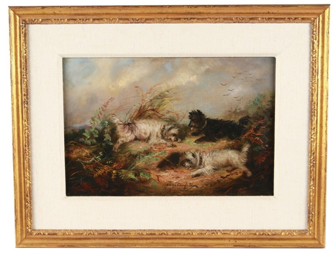 George Armfield, Oil on Canvas Three Terriers: George Armfield (English, 1808-1893). Oil on canvas. Frame: 19 3/4" x 25 1/2". Sight: 11 1/4" x 17 1/4". Oil on canvas painting of three terrier dogs who have chased a fox into its foxhole. Signed to 