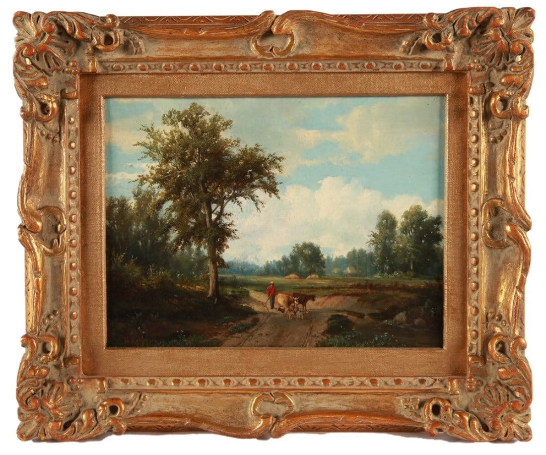 Joseph Antonio Hekking, Oil on Canvas Landscape: Joseph Antonio Hekking (Dutch, 1830-1903). Oil on canvas. Frame: 16" x 18 3/4". Sight: 9 1/2" x 12 3/4". Oil on canvas landscape by Dutch artist J.A. Hekking. Depicts a country road with a cow herder 