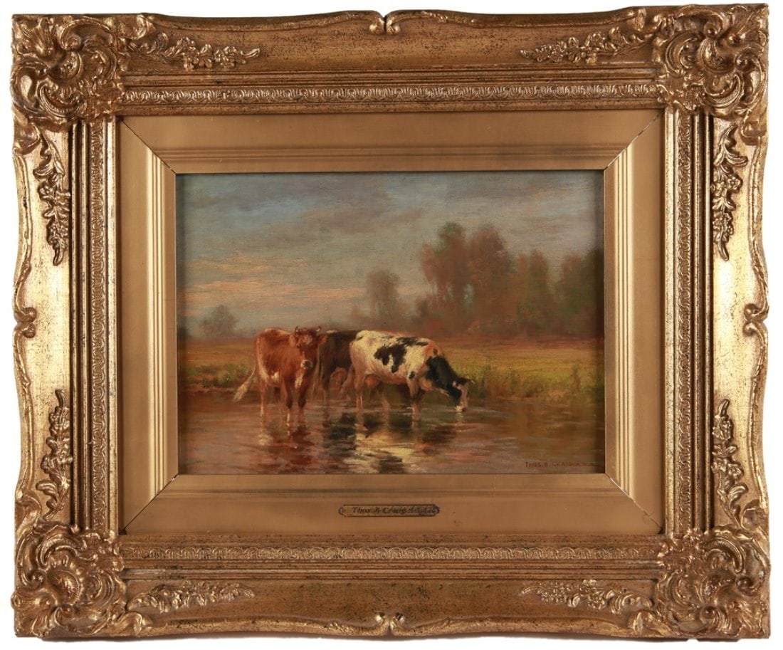 Thomas B. Craig, "By the Riverside" Oil: Thomas Bigelow Craig (American, 1849-1924). "By the Riverside". Oil on canvas. Frame: 19 1/2" x 23 1/2". Sight: 9 3/4" x 13 1/2". Oil on canvas depicting cows drinking from a river by American artist 
