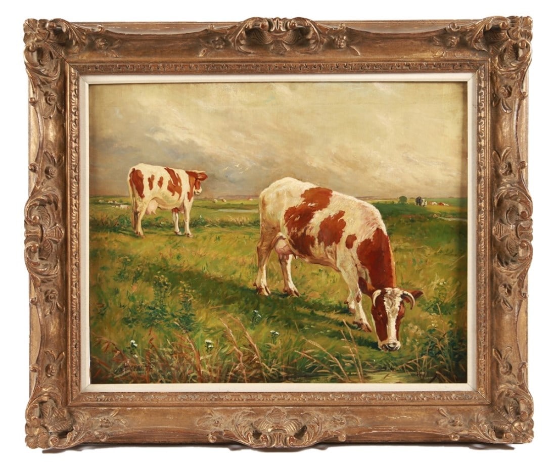 R.T. Sparth, Oil on Canvas Cow Painting: R.T. Sparth. Oil on canvas. Frame: 33" x 38 1/4". Canvas: 25 1/8" x 30". Oil on canvas depiction of two cows grazing in a field with more cows in the distance under a cloudy sky. Signed lower left.