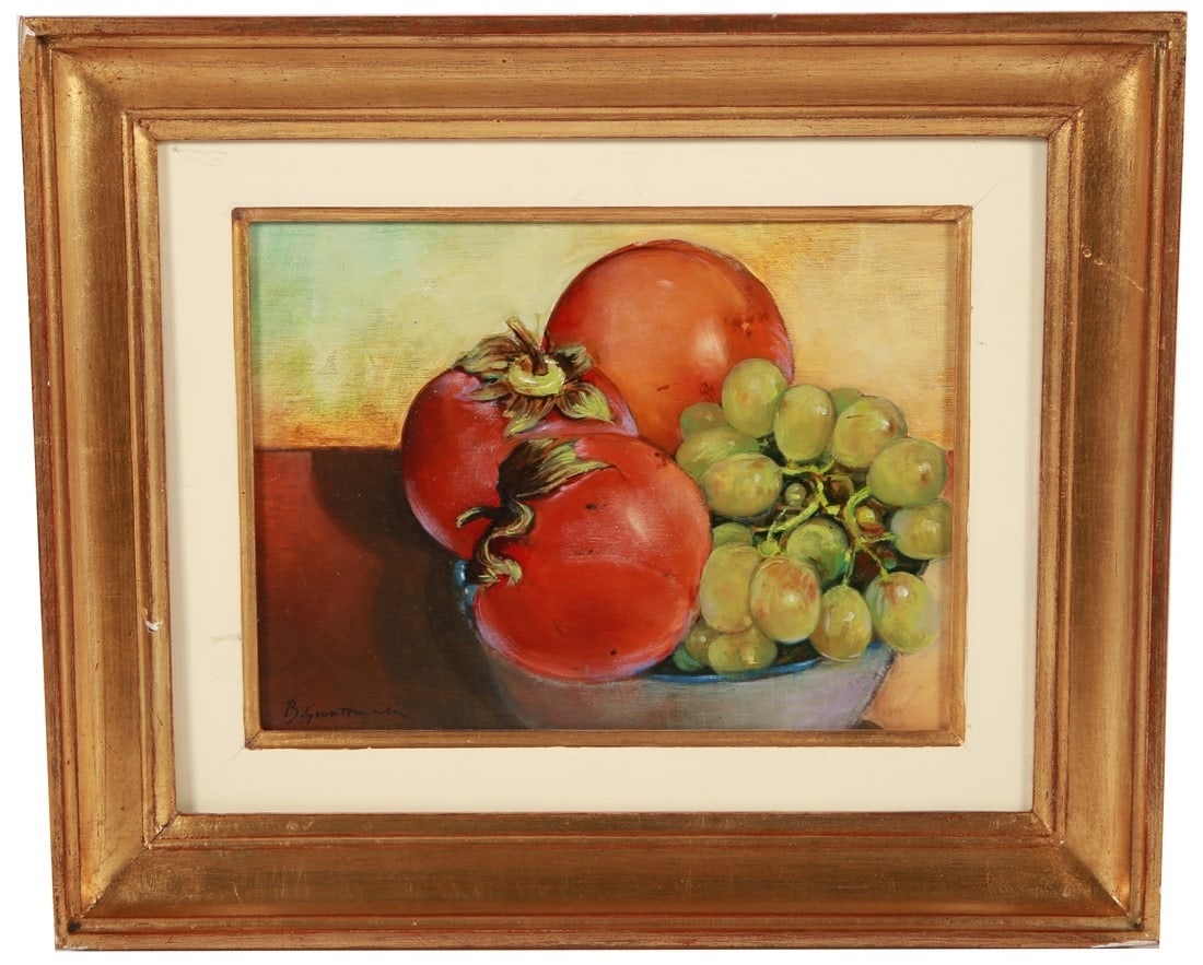 Bruno Guaitamacchi, Oil on Canvas Still Life: Bruno Guaitamacchi (Italian, 1931-2005). "Natura Morta" (Still Life). Oil on board. Frame: 12" x 14 3/8". Sight: 7" x 9". Framed still life by Italian artist Bruno Guaitamacchi. Framed in a gold frame