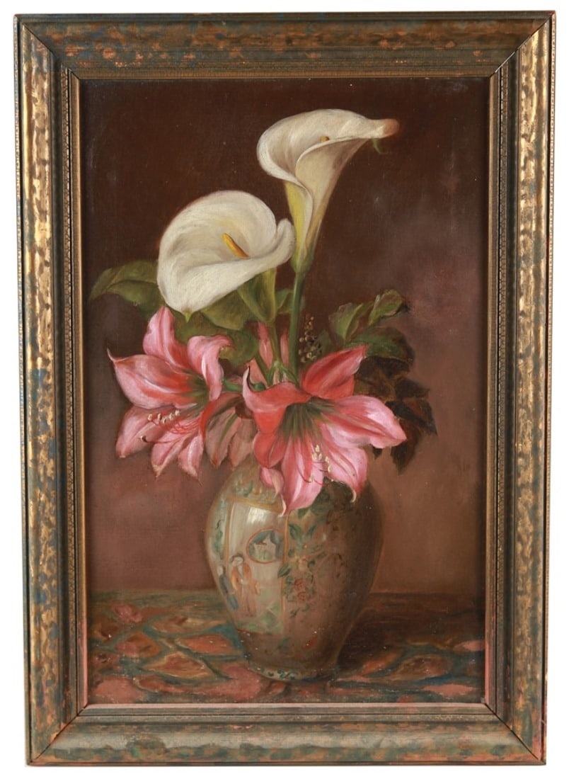 Oil on Canvas Calla Lilies and Amaryllis: Oil on canvas. Frame: 23 1/2" x 16 3/8". Sight: 19 1/2" x 12 1/2". Still life of calla lilies and amaryllis in a Chinese vase. Framed in a painted wood frame with wire at the back for hanging.