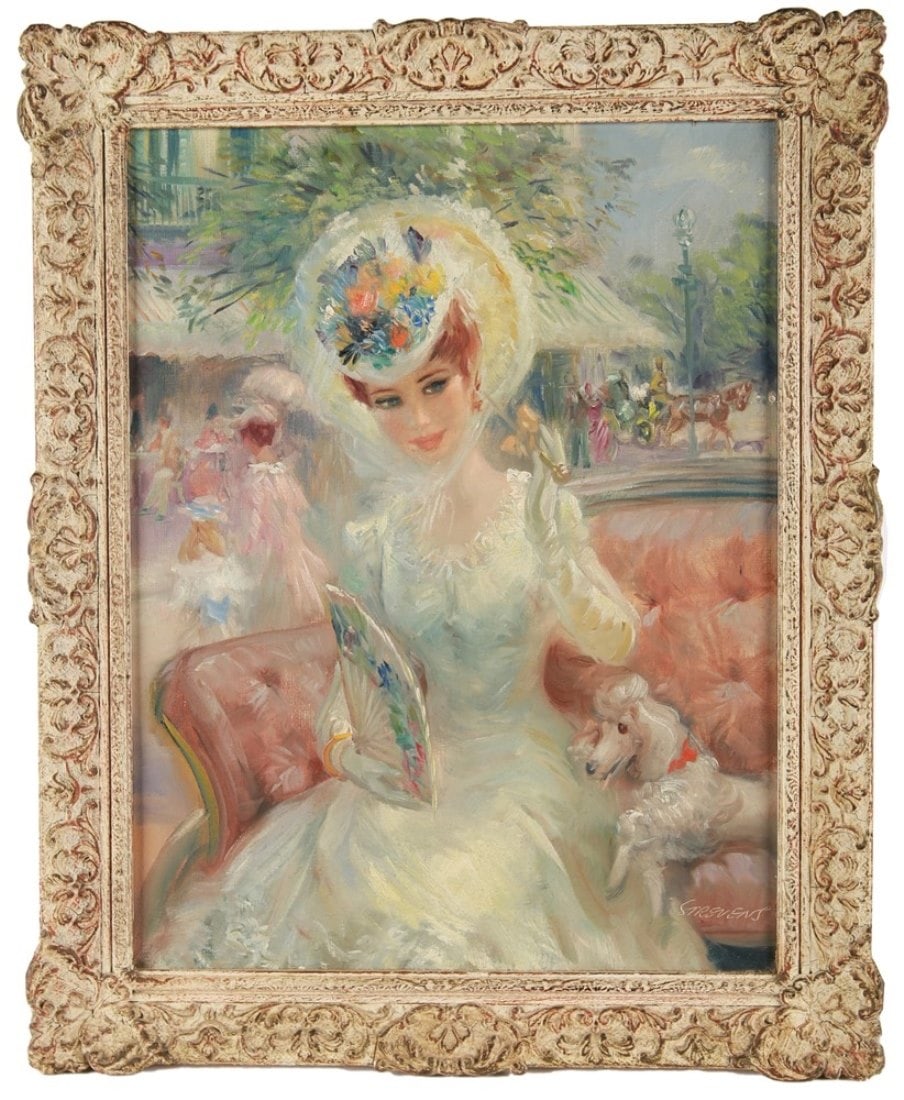John Strevens (English), "La Comtesse" Oil: John Frederick Lloyd Strevens (English, 1902-1990). "La Comtesse". Oil on canvas. Frame: 21 1/4" X 17 1/4". Sight: 17 1/4" X 13 1/4". Impressionistic painting of a lady in Edwardian style dress by the