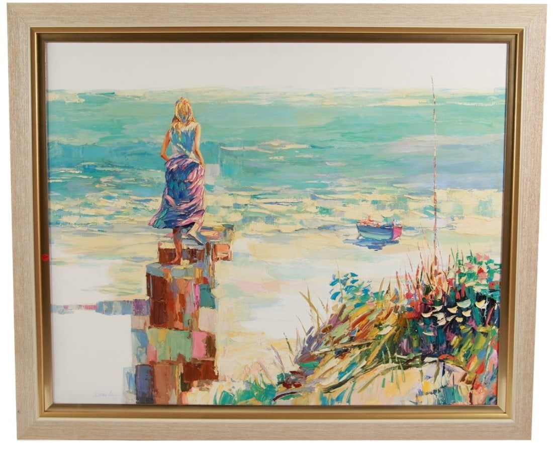 Oil on Canvas Seaside Painting: Oil on canvas. Frame: 49" x 58". Sight: 39 1/2" x 49 1/4". Oil on canvas seaside scene depicting a woman walking along the wood poles of a pier. Illegible signature lower left.