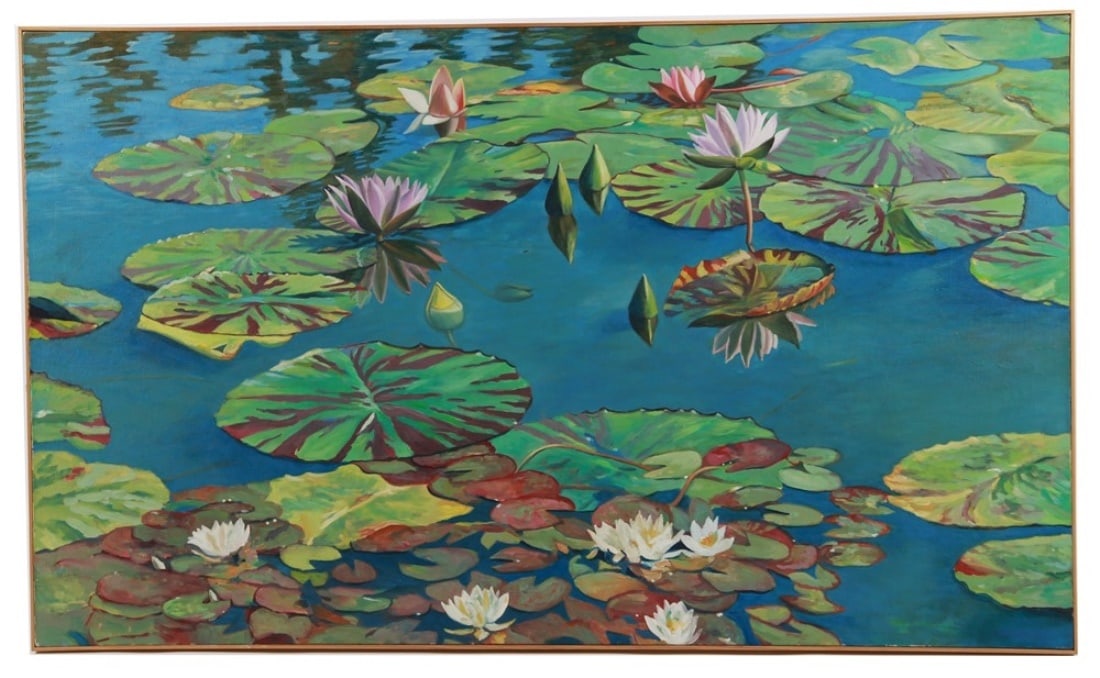 Lucille Nawara, Oil on Canvas Waterlily Painting: Lucille Nawara (American, 20th century). Oil on canvas, 1988. Frame: 37" x 60 5/8". Sight: 35 3/4" x 59 3/8". Framed oil on canvas by artist Lucille Nawara depicting water lilies. Signed and dated at 