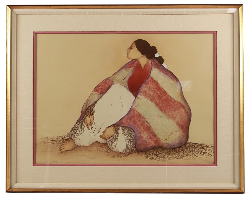 R.C. Gorman, "Woman from Window Rock": Rudolph Carl Gorman (Navajo, 1930-2005). "Woman from Window Rock". Lithograph, 1982. Edition: 22/25. Frame: 38 1/4" x 48". Sight: 26" x 34". Framed lithograph by R.C. Gorman titled "Woman from Window 