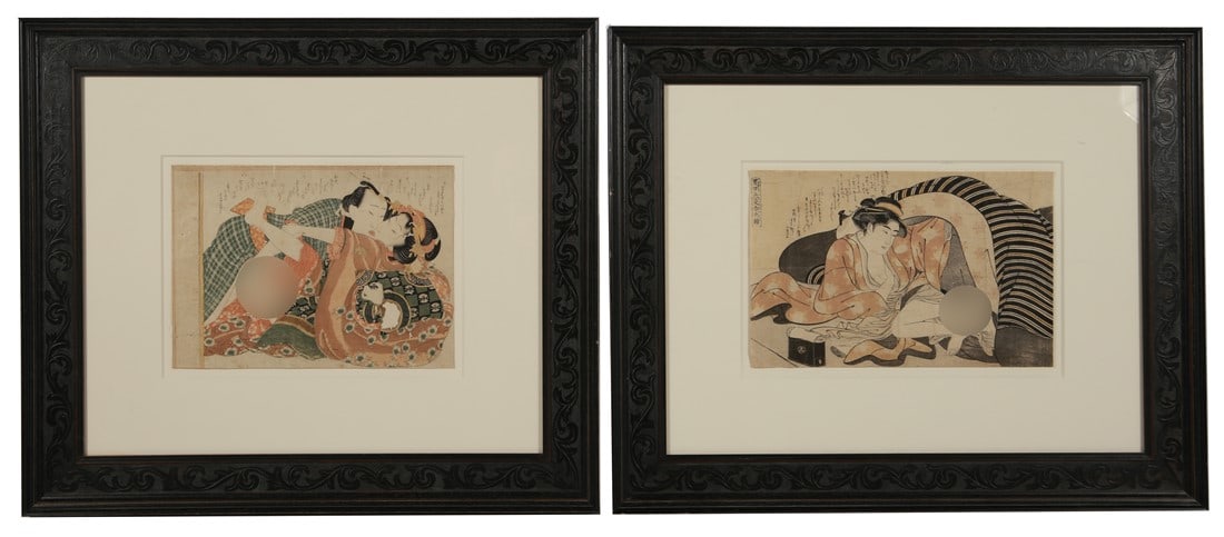 Two Japanese Shunga Prints: Woodblock. Print one: Frame: 23 1/2" x 28 1/2". Sight: 9 3/4" x 14 1/2". Print two: Frame: 23 1/2" x 27 1/2". Sight: 10" X 13 1/4". Lot of two Japanese "Shunga" woodblock prints. One print by Katsukaw