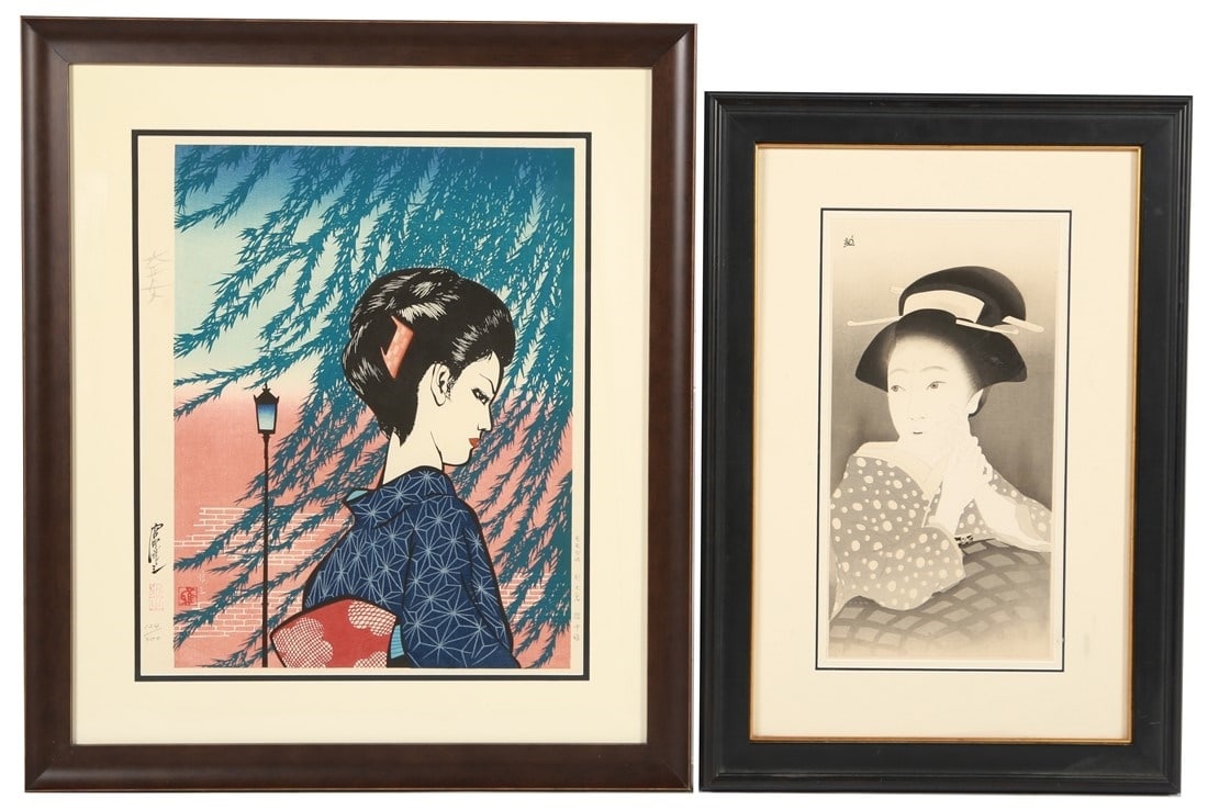 Okada and Miyata, Two Framed Woodblock Prints: Woodblock. Print one: Frame: 27" X 23 1/2". Sight: 19 1/2" x 15 1/4". Print two: Frame: 24 1/2" x 16 3/4". Sight: 16" x 7 7/8". Lot of two framed Japanese woodblock prints. One print by Okada Saburosu