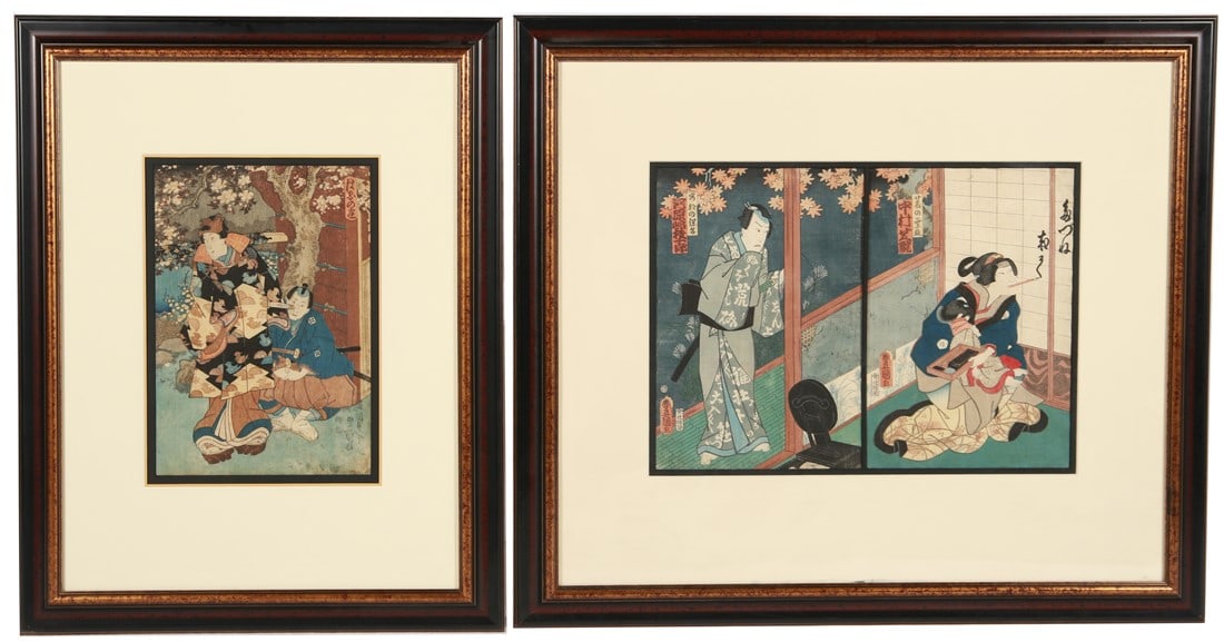 Toyokuni III, Two Framed Woodblock Prints: Toyokuni III [Utagawa Kunisada] (Japanese, 1769-1825). Print one: Woodblock. Frame: 28" x 21 3/4". Sight: 14" x 9 1/2". Print two: "The Fox Lady Kuzunoha". Woodblock. Frame: 28 1/4" x 31 1/4". Sight: 