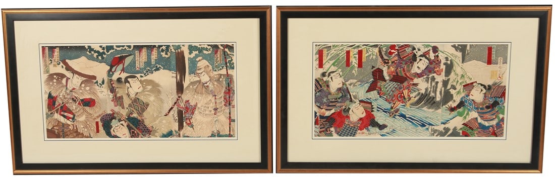 Toyohara Kunichika, Two Triptych Woodblock Prints: Toyohara Kunichika (Japanese, 1835-1900). Woodblock. Print One: Frame: 24 1/2" x 39". Sight: 13 1/2" x 28". Print Two: Frame: 24 1/2" x 39". Sight: 13 1/2" x 28". Pair of Japanese woodblock prints in 