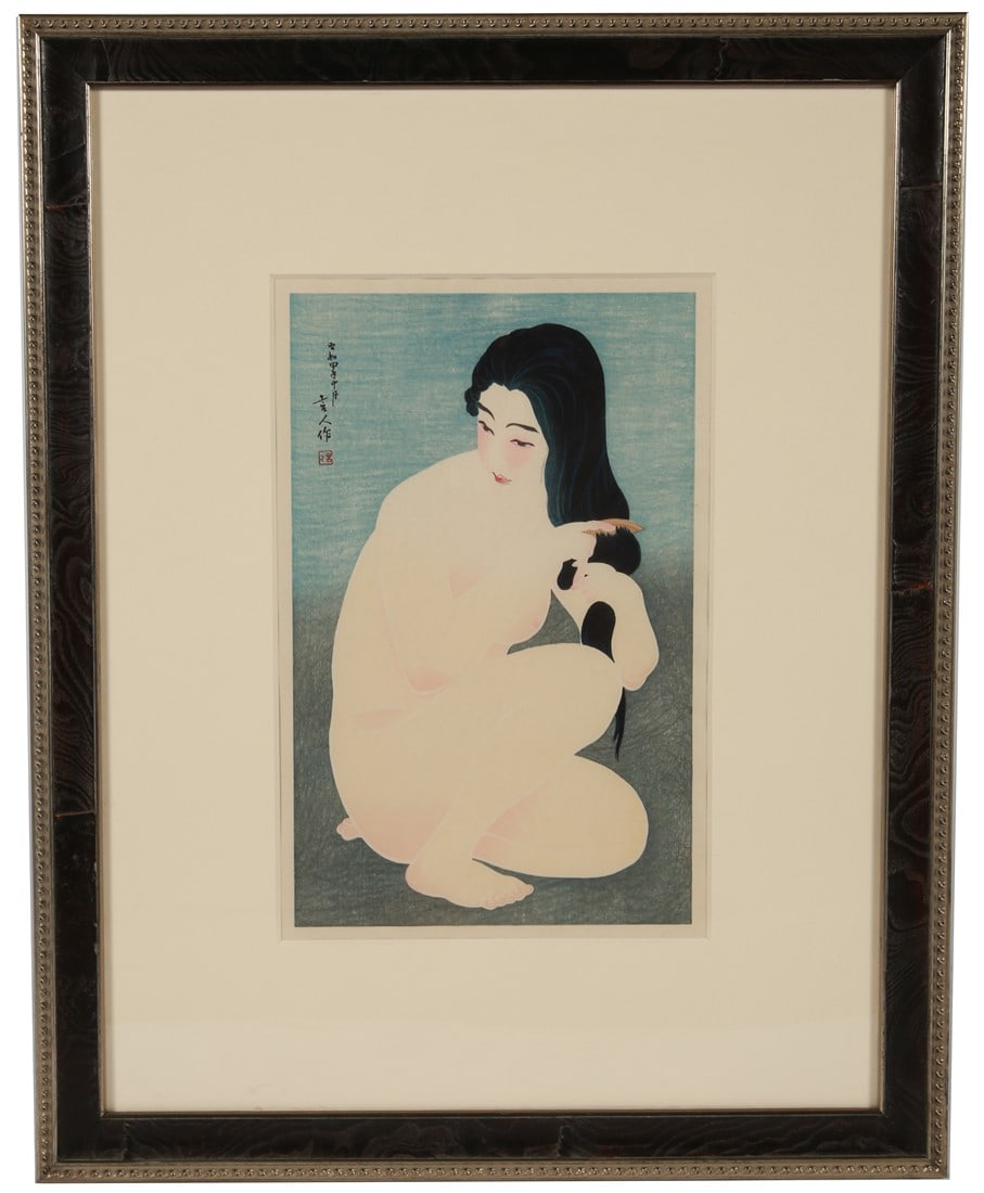 Torii Kotondo, "Kamisuki" Woodblock Print: Kotondo Torri (Japanese, 1900-1976). "Kamisuki" (Combing Her Hair). Woodblock. Frame: 29 5/8" x 23 1/2". Sight: 11" x 17". Framed Japanese woodblock print titled "Kamisuki" (Combing Her Hair). Black a