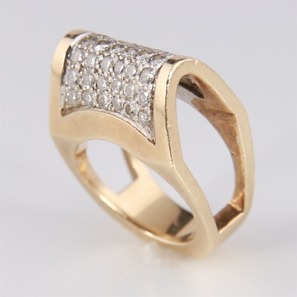 14k Yellow Gold Diamond Cocktail Ring: 14k yellow gold, diamonds. Ring size: 4.75. Weight including stones: 11.9 grams. 14k yellow gold ring set with 42 round cut diamonds. Total weight including diamonds: 11.9 grams.